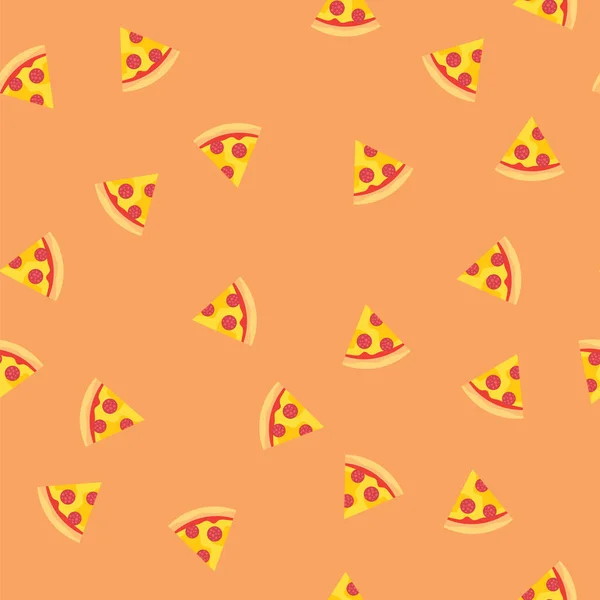 Plastry Pizza z kiełbasą i serem w tle. Apetyczny pizza plastry seamlesss wzór. — Wektor stockowy