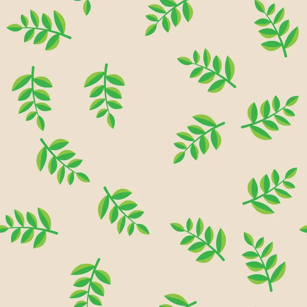 De takken van de plant met groene bladeren op beige patroon achtergrond. Groene plant takken met bladeren naadloze patroon. — Stockvector