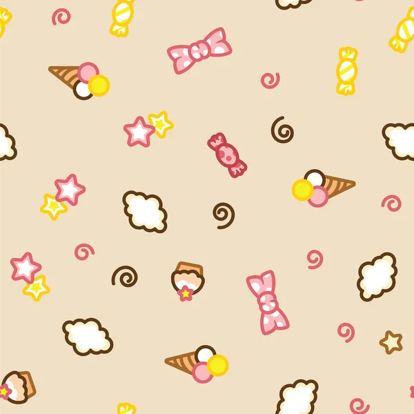 Mångfärgade godis, glass, tårta, stjärnor och moln doodle mönster. — Stock vektor