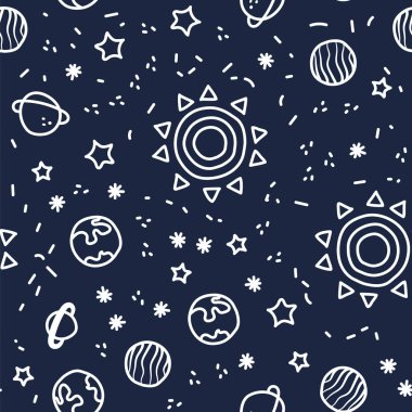 Güneş, Dünya gezegeni ve koyu mavi örnek arka plan boş alan yıldızlardan. Kozmik gezegen seamless modeli.