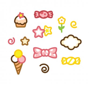 Vektör simge şeker, dondurma, pasta, yıldız, çiçek ve bulut doodle tarzında beyaz arka plan üzerinde izole ayarla.