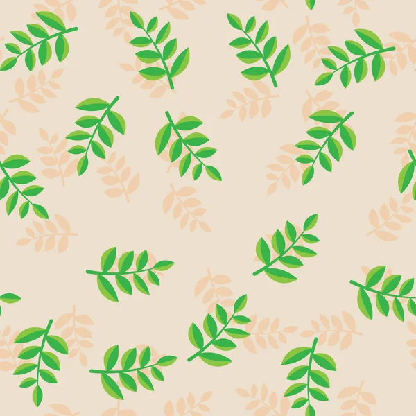 Pattern plant branches with green leaves on beige background. Beige and green plant branches with foliage seamless pattern background. — Stock Vector