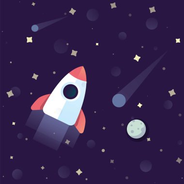 Uzay roketi, gezegenler, göktaşları ve yıldız evren desen arka plandan görüntüleyin. Uzay gemisi gece evren Dikişsiz desen uçan.