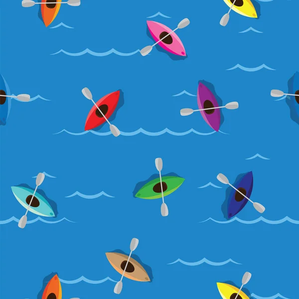 Multicolored kayaks with paddlers on blue water background. Seamless pattern colored kayaks and paddlers for water sport on river or sea. — Stock Vector