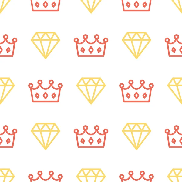 Királyi korona és ragyogó a varrat nélküli mintás háttérrel. Király és királyné koronáját és a gyémánt szerkezeti fehér háttér. — Stock Vector