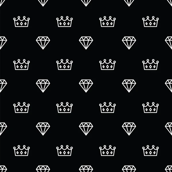 Naadloze patroon koning en koningin kroon en diamant overzicht op zwarte achtergrond. Koninklijke kroon en briljant op patroon achtergrond. — Stockvector