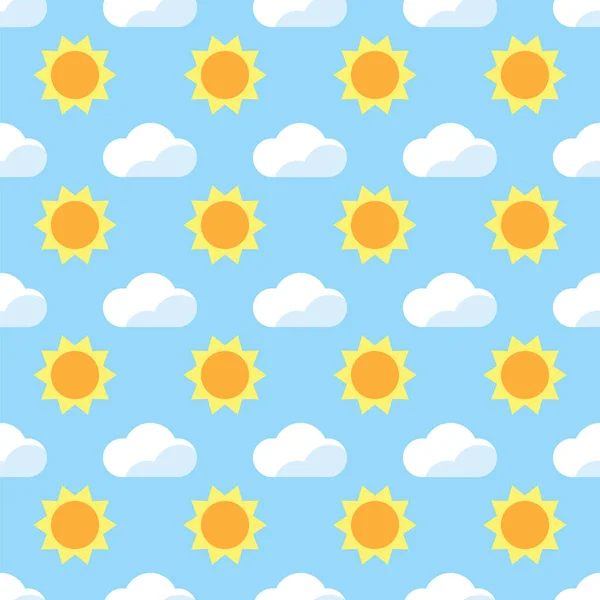 Nahtlose Muster gelbe Sonne und weiße Wolken auf blauem Hintergrund. blauer Himmel mit Sonne und Wolkenmuster. — Stockvektor