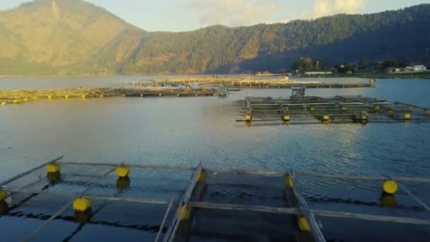 Vol cinématographique de drones au-dessus de cages de pisciculture et de petites cabanes dans le lac . — Video