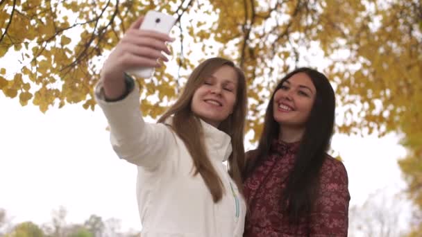 Two pretty girls walking in autumn park and make selfie — Stockvideo