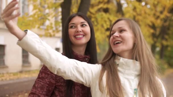 Two pretty girls walking in autumn park and make selfie — Αρχείο Βίντεο