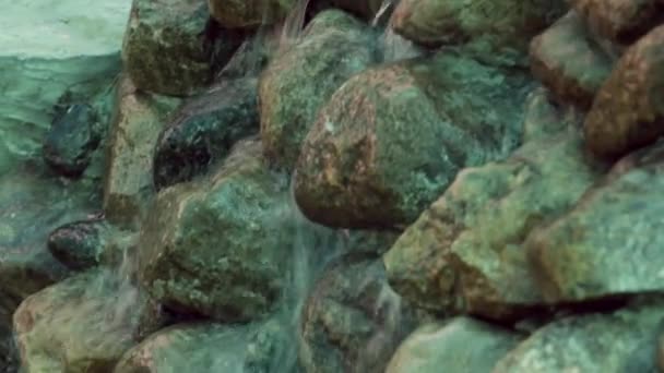 El agua fluye sobre las rocas hasta los peces dorados que nadan en el lago — Vídeo de stock