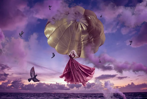 Belle Femme Volant Avec Parachute — Photo