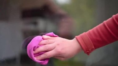 Evle mücadele eden güzel bir kadın kasıtlı olarak bardağı sprey ve bezle temizliyor.. 