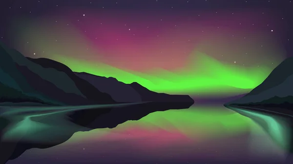 Aurora Boreale Splende Lago Montagna Illustrazione Vettoriale Eps — Vettoriale Stock