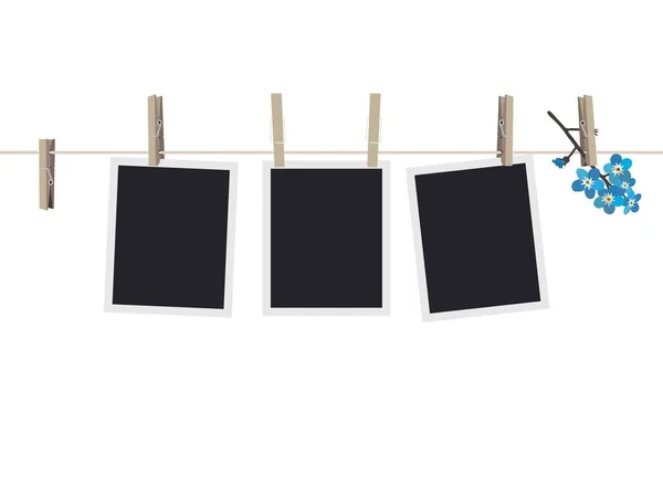 Blank Photo Frames Set Hanging Clothespins Composition Blank Photo Frames — Stock Vector