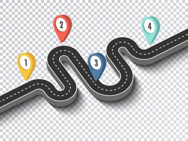 Road trip and Journey route. Business and Journey Infographic Design Template with pin pointer. Winding road on a transparent background. 3D Stylish streamers. Vector EPS 10 clipart