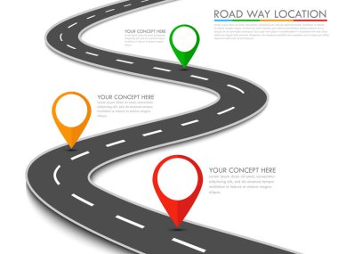 Road way location infographic template with pin pointer. Vector background clipart