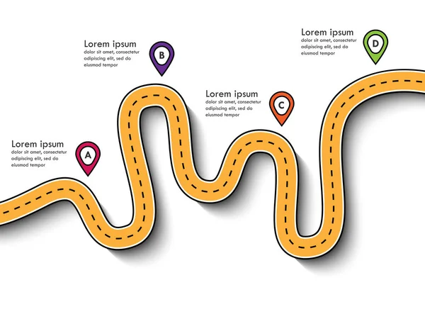 Road trip en Reis route. Business and Journey Infographic Flat Design sjabloon met pin pointer. Draaiende weg op een witte achtergrond. Stijlvolle slingers. Vector Eps 10 — Stockvector