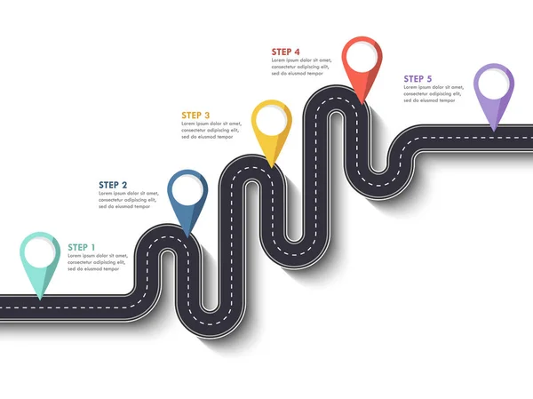 Plantilla Infografía Ubicación Camino Con Puntero Pin Carretera Sinuosa Sobre — Vector de stock