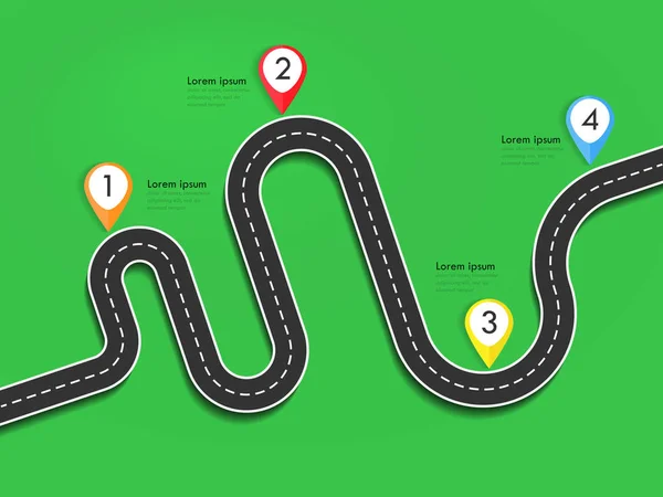 Locatie van de weg infographic template met pin pointer. Bochtige weg op een kleurrijke achtergrond. Stijlvolle slingers. Vector Eps 10 — Stockvector