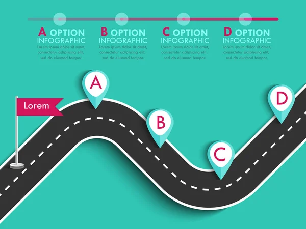 Viaggio su strada e itinerario di viaggio. Business and Journey Infografica Modello di design con bandiere e luogo per i tuoi dati. Strada tortuosa su uno sfondo colorato. Eleganti stelle filanti. Vettore EPS 10 — Vettoriale Stock