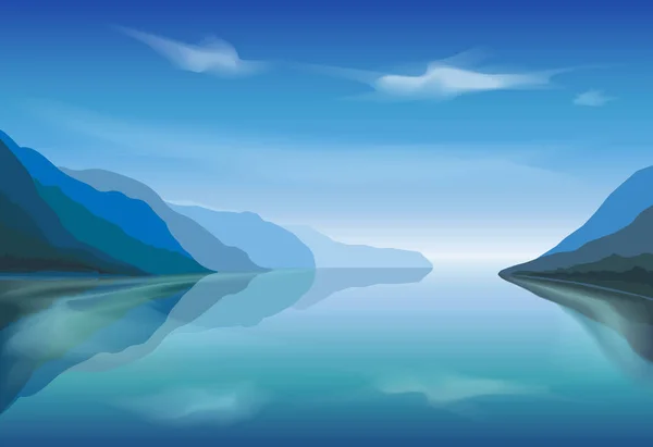 Paisaje Vectorial Lago Montaña Por Mañana — Vector de stock