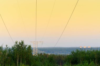 Uç uç çapa metal destekler havai güç hatları telleri ile olan orman ağaçları yumuşak turuncu renkli günbatımı ve şehir binaları bir arka plan üzerinde yukarıda tepenin yamacında.