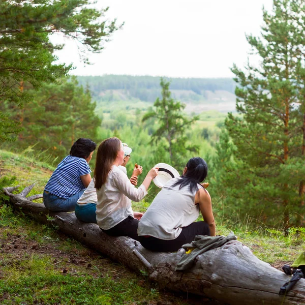 Four Girls Yakut Friends Sitting Log Communicate Background Wild North — Stock Photo, Image