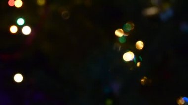 Bir ladin ağacının dallarındaki iğneler, yeni yıl için sokaktaki şenlikli çelenklerden gelen bulanık ve belirsiz ışığın arka planına karşı rüzgarda hareket ediyor. Bokeh.