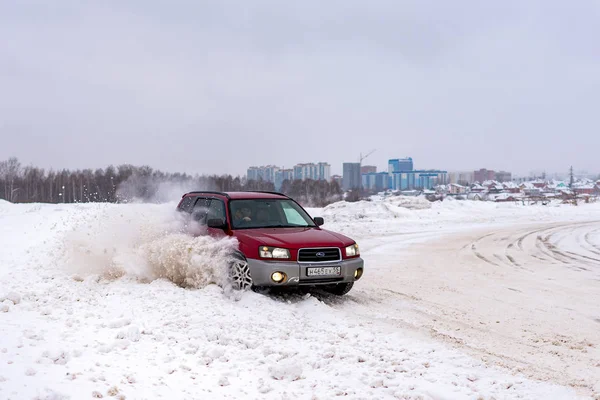 Russia Novosibirsk January 2020 Japanese Car Red Subaru Forester Rides — Stock Photo, Image