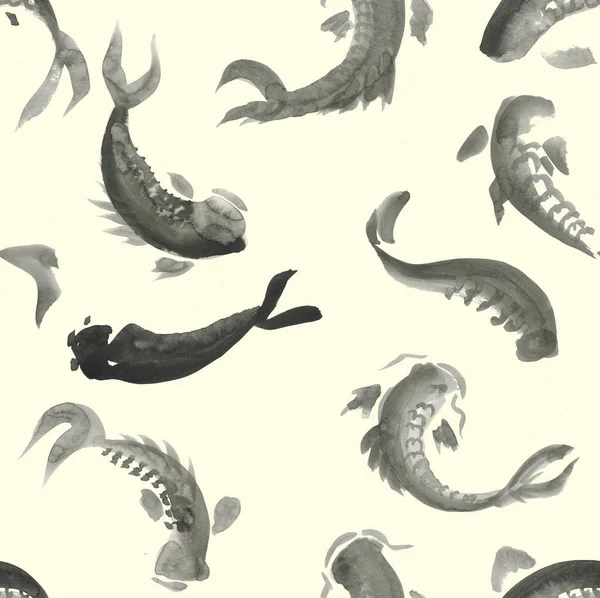 Seamless ink hand drawn pattern with calligraphy koi — Stock Photo, Image