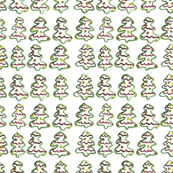 Patrón de acuarela sin costura dibujado a mano con árbol de Navidad decorado verde — Foto de Stock