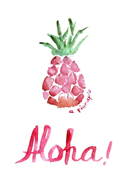 Poster with pink watercolor pineapple — Stock Photo, Image