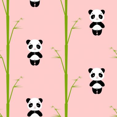 Ayı Panda Dikişsiz desen bambu ile vektör. Pembe pantolon üzerinde sevimli pandalar
