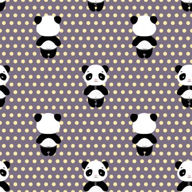 Panda bear seamless vector pattern. Cute pandas on pink in trousers with back of panda  clipart