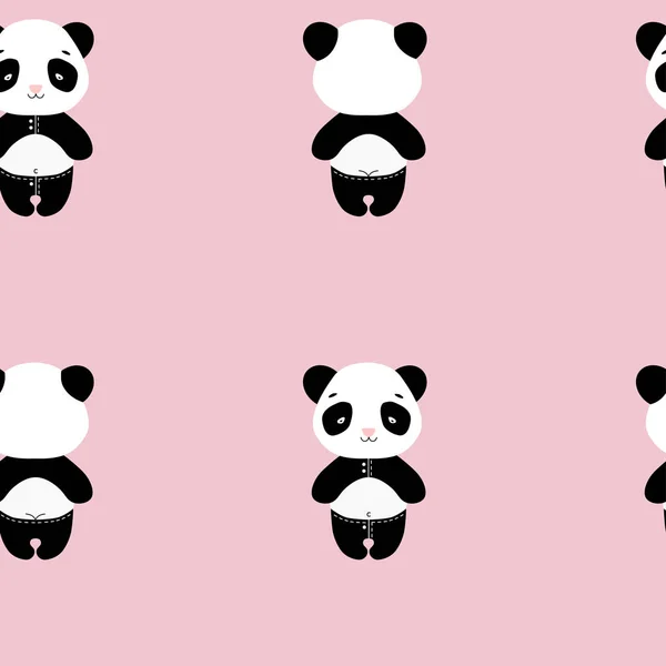 Panda urso padrão vetor sem costura. Bonito pandas em rosa em calças com parte de trás do panda no fundo rosa — Vetor de Stock