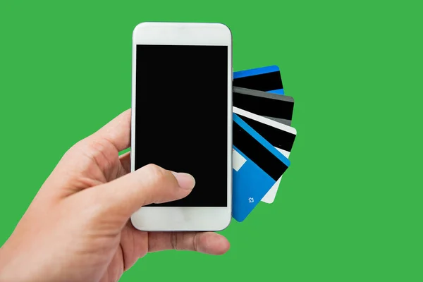 Mano Usando Tarjeta Crédito Del Teléfono Móvil Concepto Compras Línea — Foto de Stock