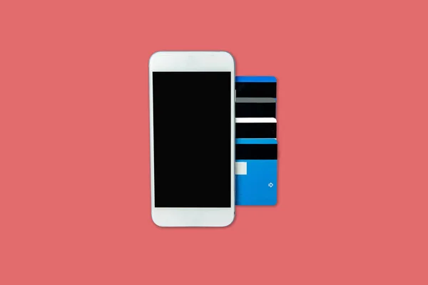 Kreditkarte Und Handy Online Shopping Konzept Isoliert Rosa — Stockfoto