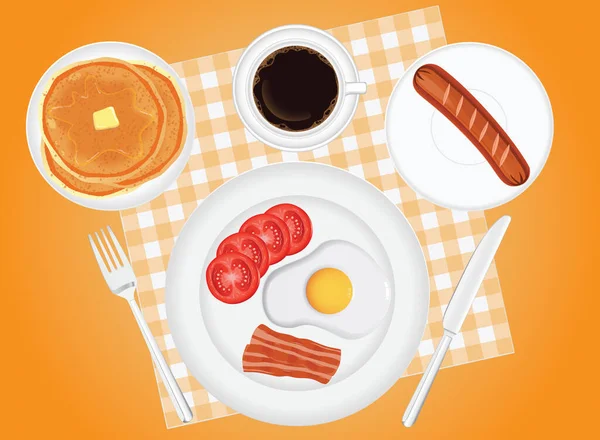 Frühstück Spiegelei Speck Wurst Tomaten Kaffee Und Pfannkuchen Hintergrund Vektor — Stockfoto