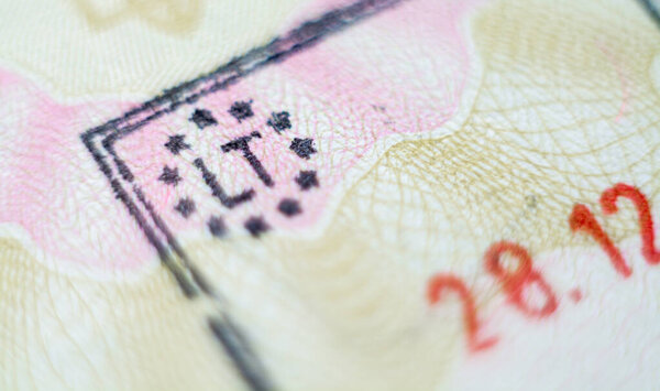 Vilnius, Lithuania - November 2019: Close-up macro detail of European Union admission stamp