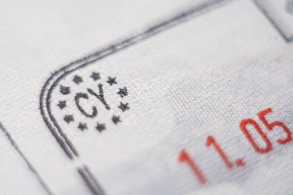 Larnaka, Cyprus- November 2019: Close-up macro detail of European Union admission stamp