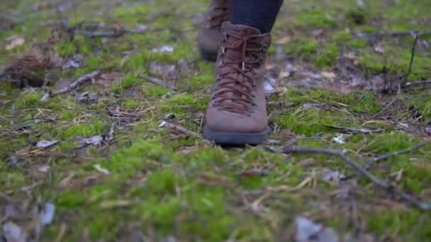 Nahaufnahme auf weiblichen Beinen in Stiefeln, die auf grünem Moos im Wald spazieren — Stockvideo