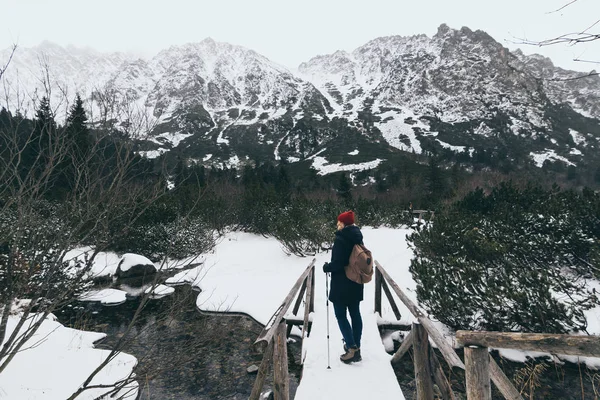 Trekking de mujeres en las montañas del Alto Tatra en invierno, Eslovaquia — Foto de Stock