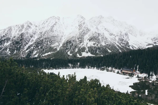 Blick auf Popradske pleso und schneebedeckte hohe Tatra im Winter — Stockfoto