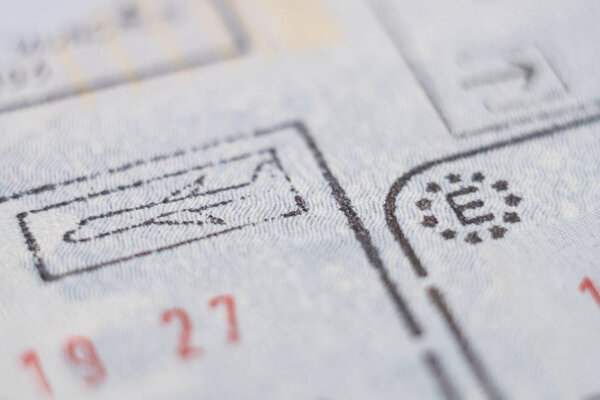 Close-up macro detail of Spanish European Union admission stamp