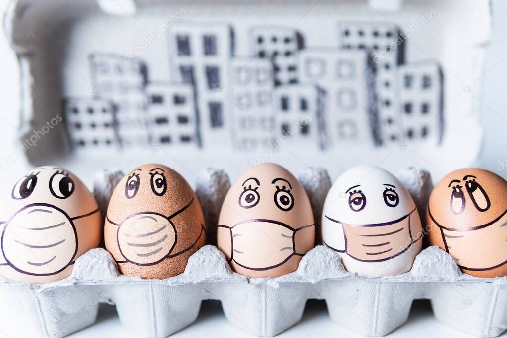 Diverse chicken eggs with doodle faces wearing medical masks with a city skyline on the background. Conceptual image of pollution and epidemy