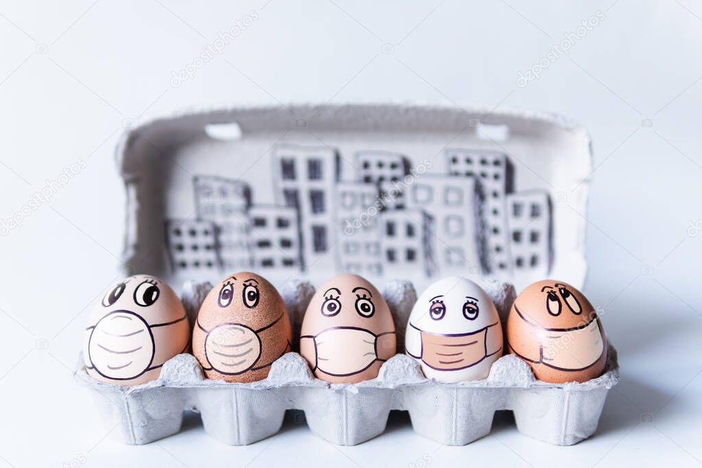 Diverse chicken eggs with doodle faces wearing medical masks with a city skyline on the background. Conceptual image of pollution and epidemy