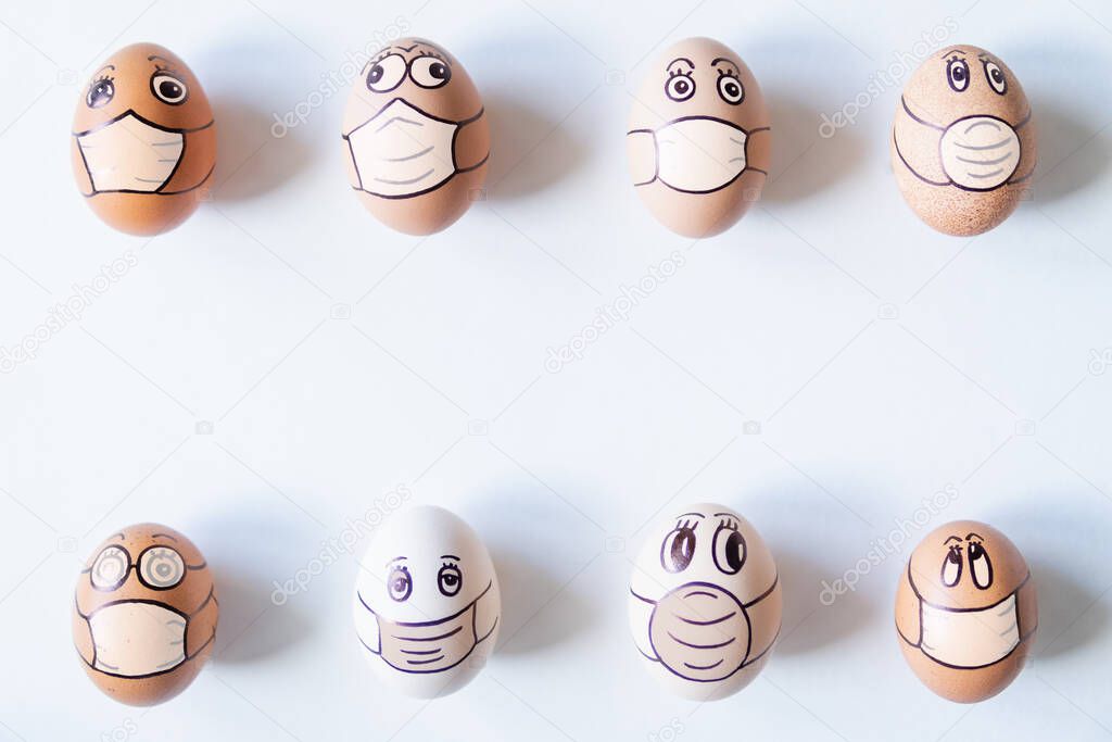 Diverse chicken eggs with doodle faces wearing medical masks. Conceptual image of pollution and epidemy