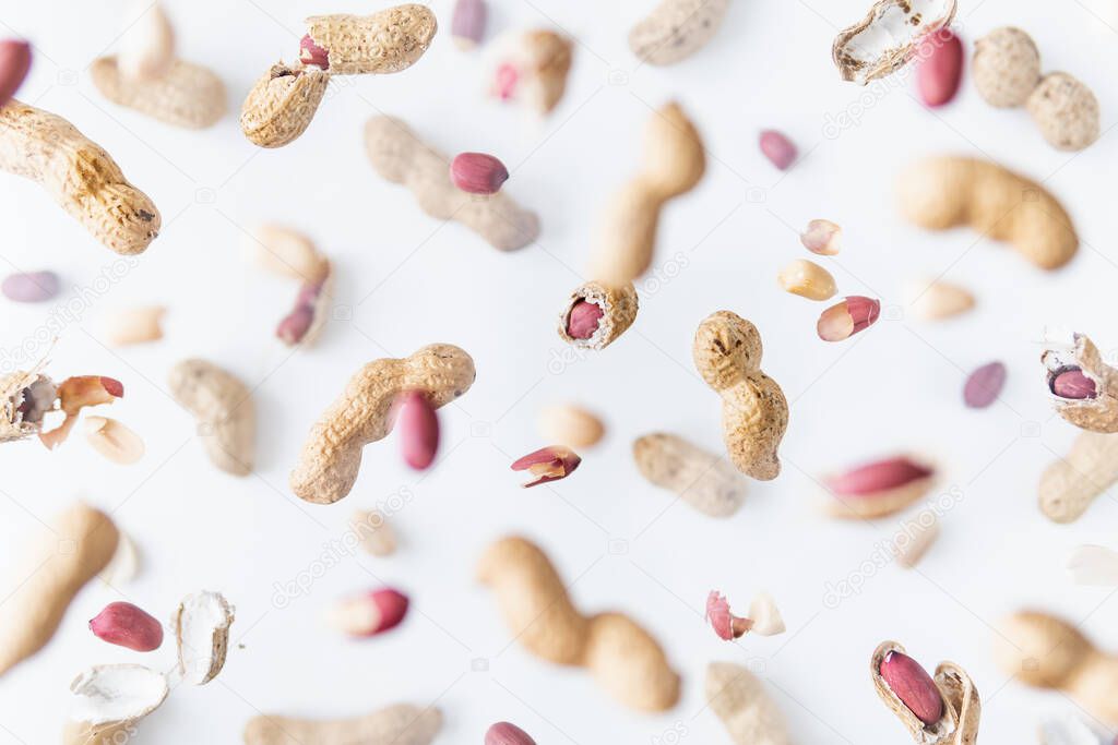 Shelled and in shell peanuts flying above white background, levitation effect.