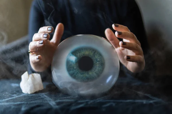 Fortune Teller Holding Hands Magic Crystal Ball Eye Iris Conceptual — Stock Photo, Image